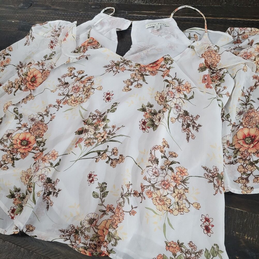 Haute Monde Floral Cold Shoulder Blouse Women’s XL Lightweight Boho Top